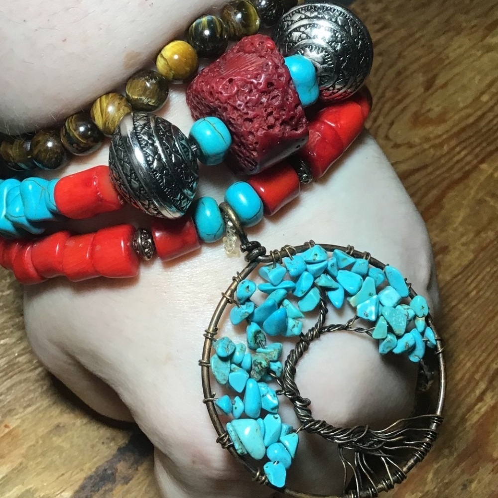 Handmade turquoise , coral hand wrapped bohemian three layer statement bracelet